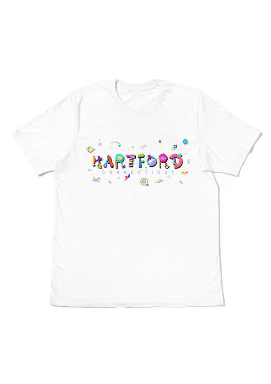 HARTFORD, CONNECTICUT,  printed colorful Memphis font white flat tee