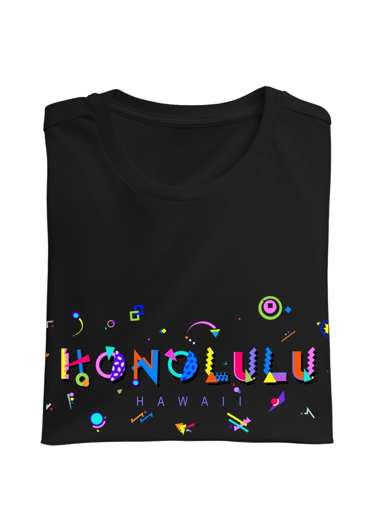 HONOLULU, HAWAII,  printed colorful Memphis font black folded tee