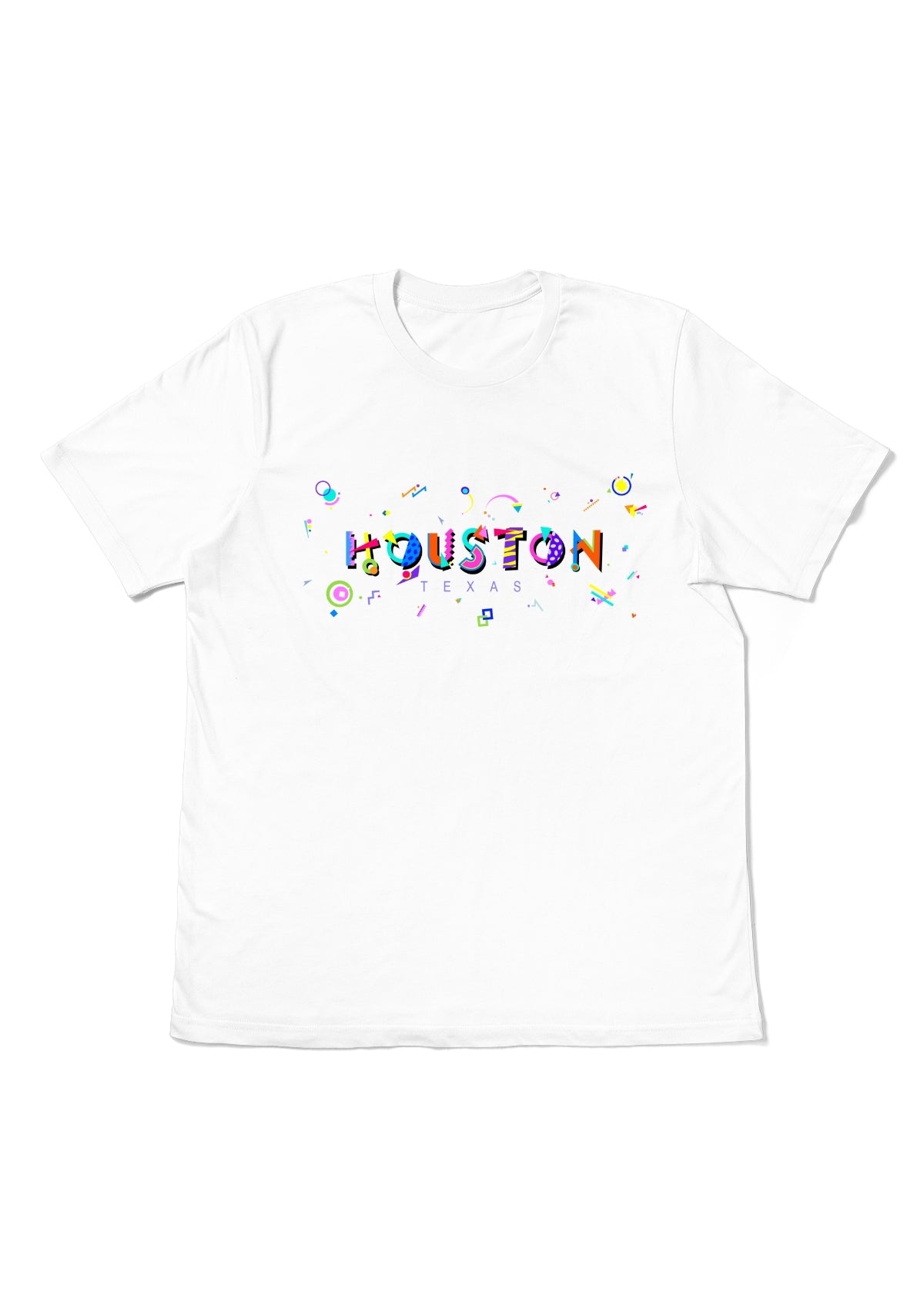 HOUSTON, TEXAS,  printed colorful Memphis font white flat tee
