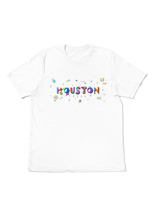 HOUSTON, TEXAS,  printed colorful Memphis font white flat tee