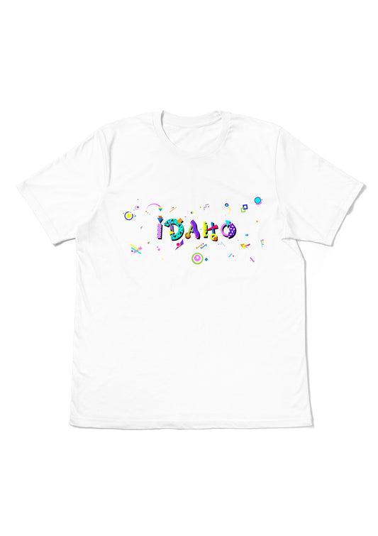 IDAHO,  printed colorful Memphis font white flat tee
