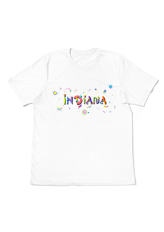 INDIANA,  printed colorful Memphis font white flat tee