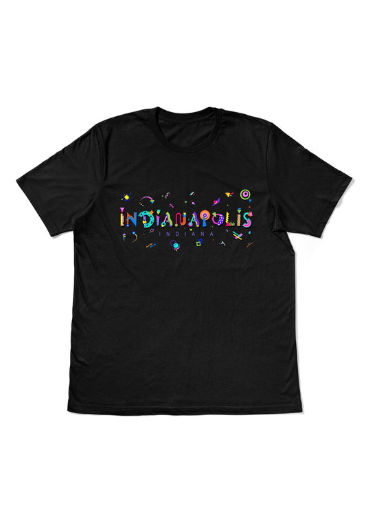 INDIANAPOLIS, INDIANA, printed colorful Memphis style font black flat tee