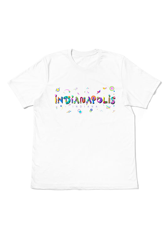 INDIANAPOLIS, INDIANA, printed colorful Memphis font white flat tee