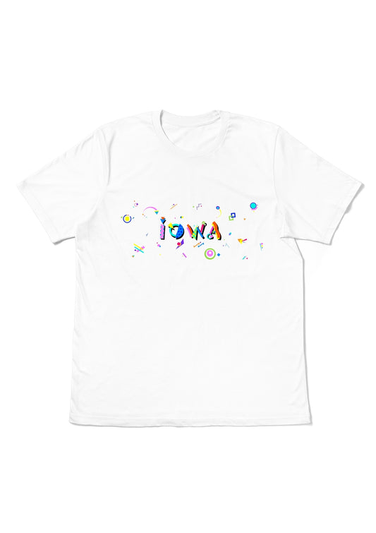 IOWA,  printed colorful Memphis font white flat tee