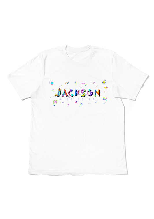 JACKSON, MISSISSIPPI,   printed colorful Memphis font white flat tee