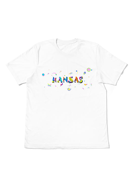 KANSAS,  printed colorful Memphis font white flat tee