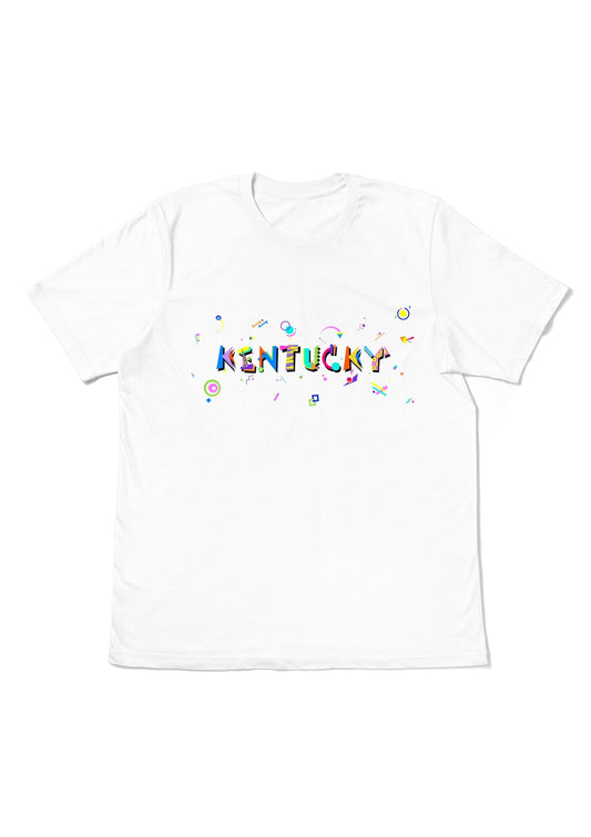 KENTUCKY, printed colorful Memphis font white flat tee