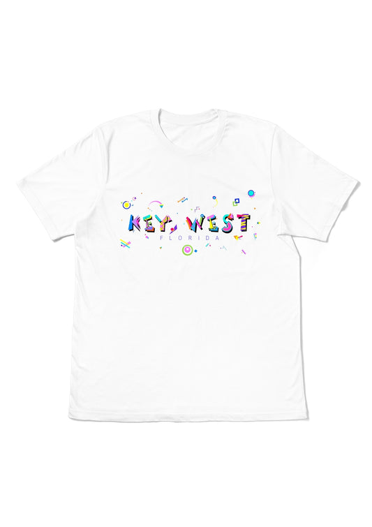 KEY WEST, FLORIDA, printed colorful Memphis font white flat tee