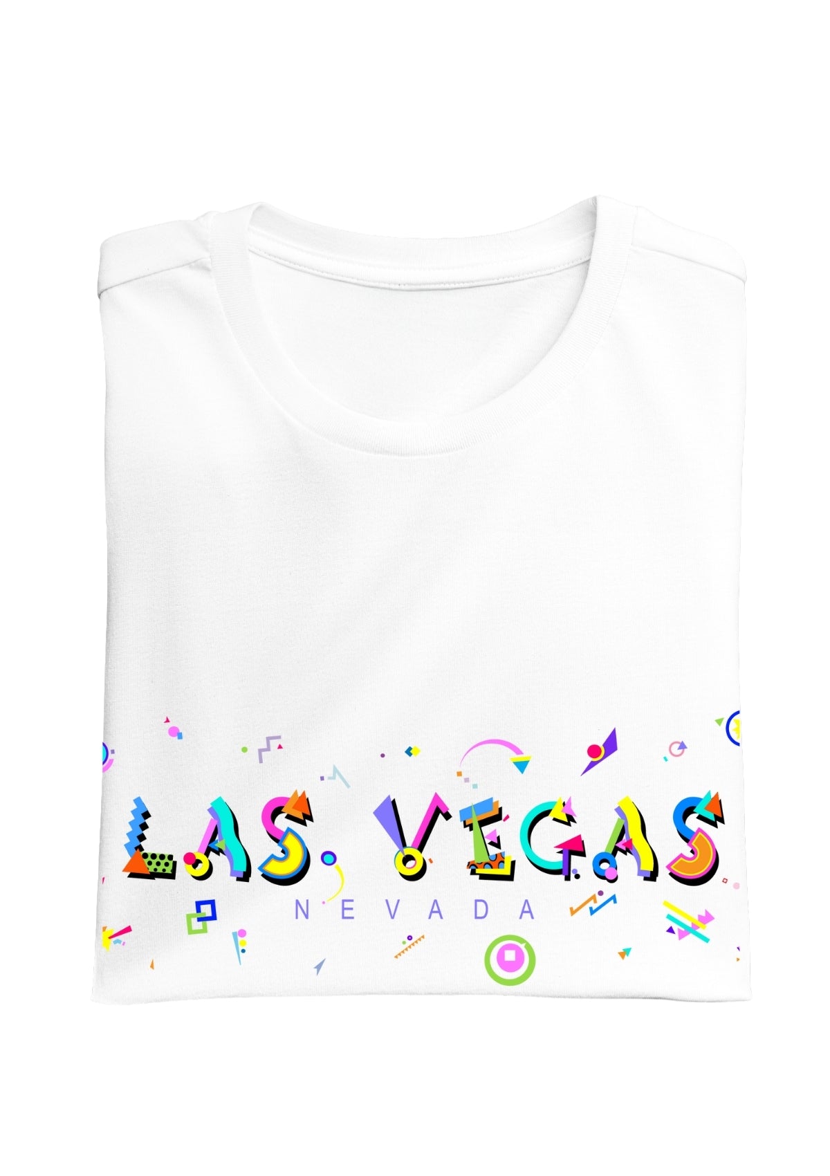 LAS VEGAS, NEVADA, colorful Memphis Style Font on white folded tee
