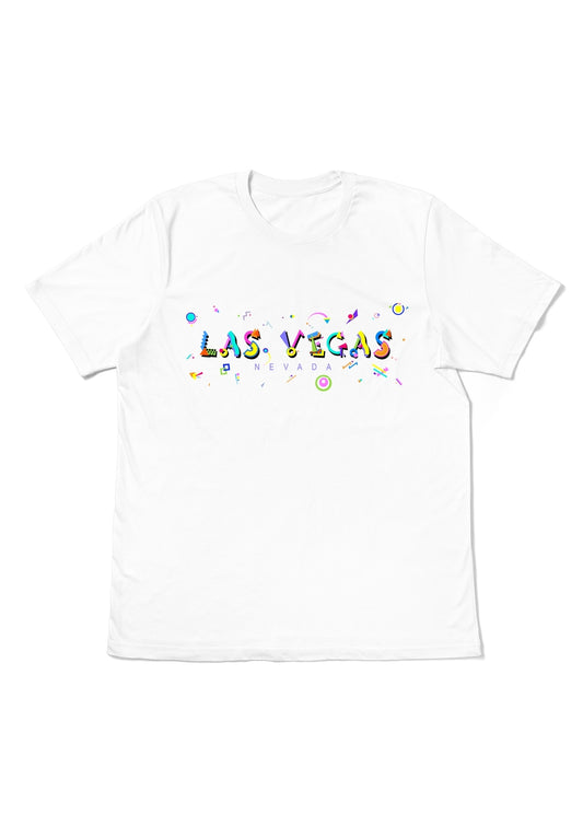 LAS VEGAS, NEVADA,  printed colorful Memphis font white flat tee