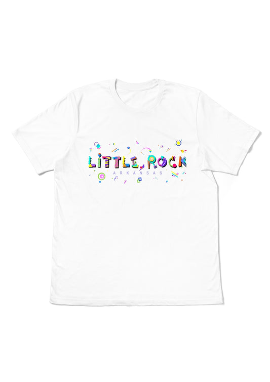 LITTLE ROCK, ARKANSAS,  printed colorful Memphis font white flat tee