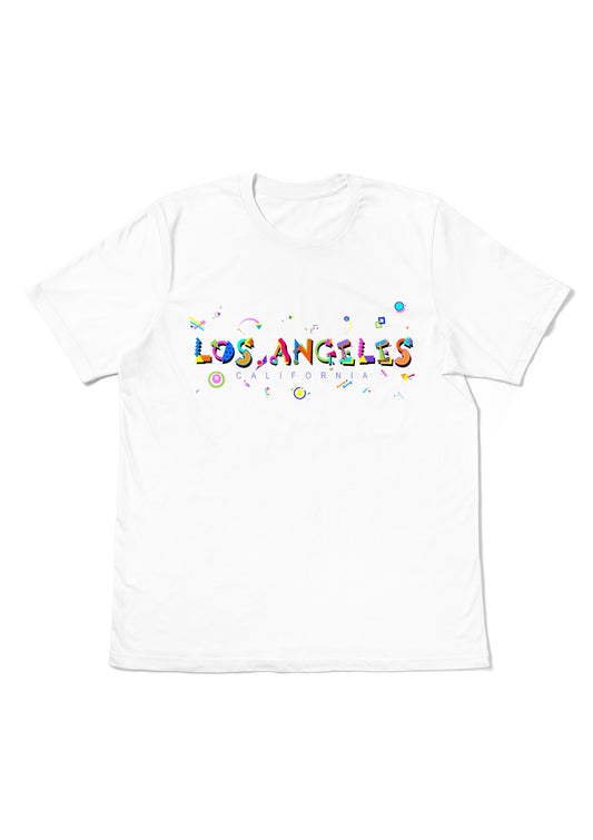 LOS ANGELES, CALIFORNIA,  printed colorful Memphis font white flat tee
