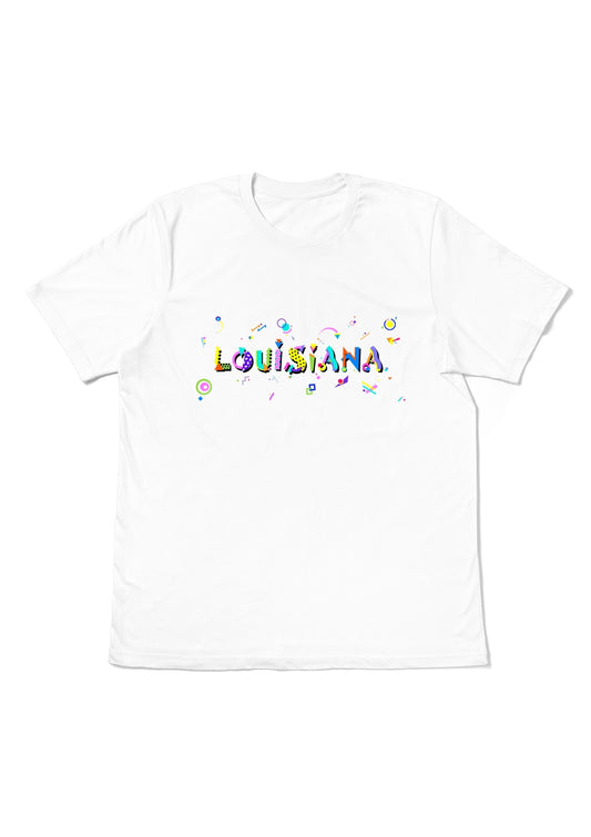 LOUISIANA,  printed colorful Memphis font white flat tee