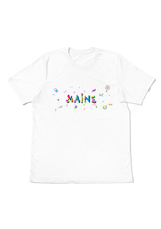 MAINE, printed colorful Memphis font white flat tee