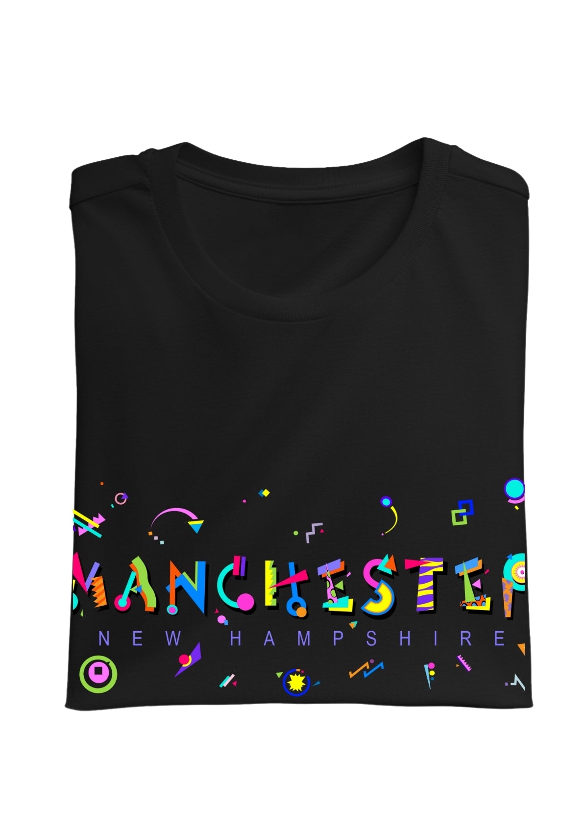 MANCHESTER, NEW HAMPSHIRE,  printed colorful Memphis font black folded tee