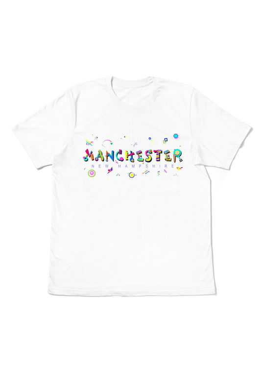 MANCHESTER, NEW HAMPSHIRE,  printed colorful Memphis font white flat tee
