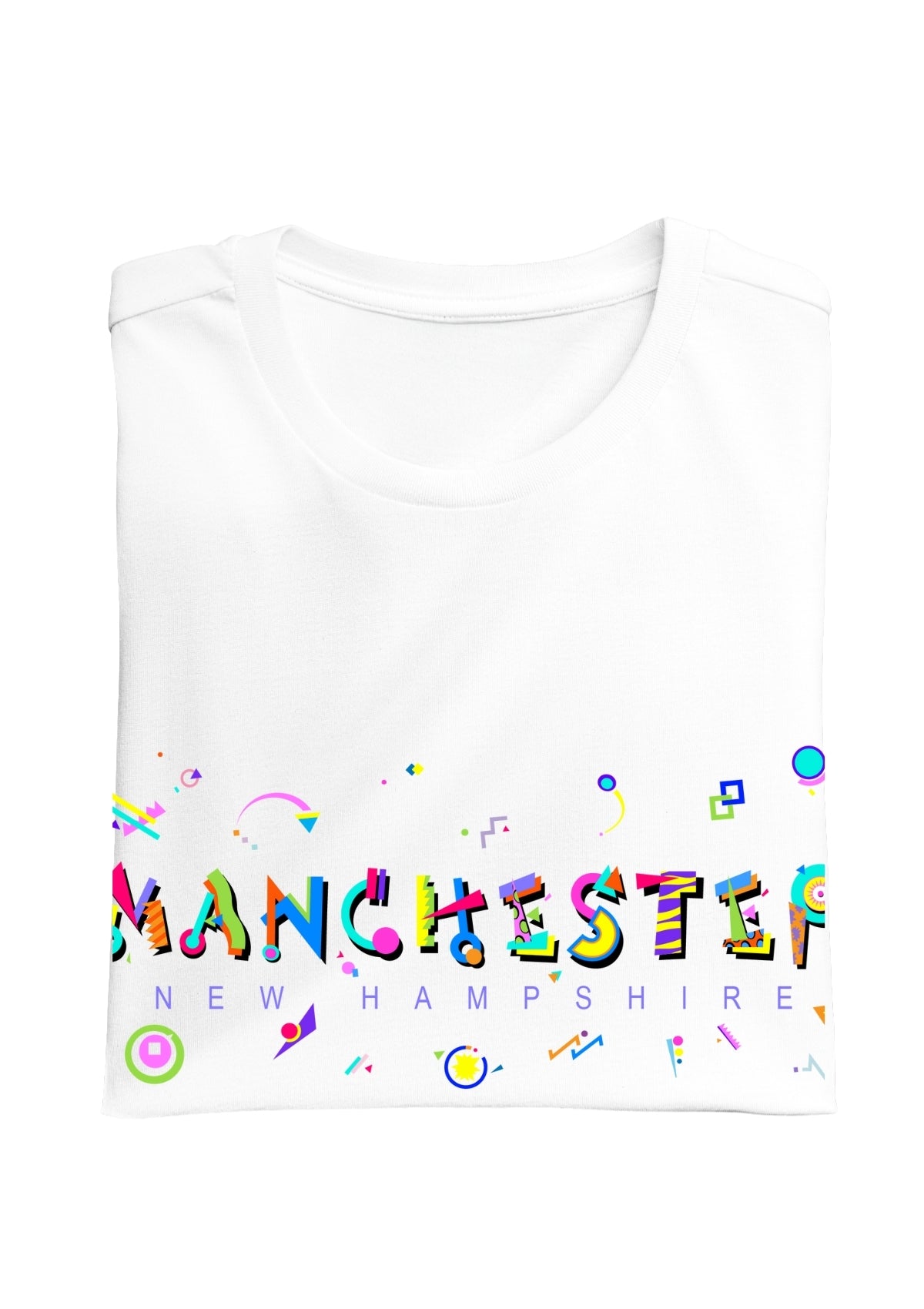 MANCHESTER, NEW HAMPSHIRE, colorful Memphis Style Font on white folded tee
