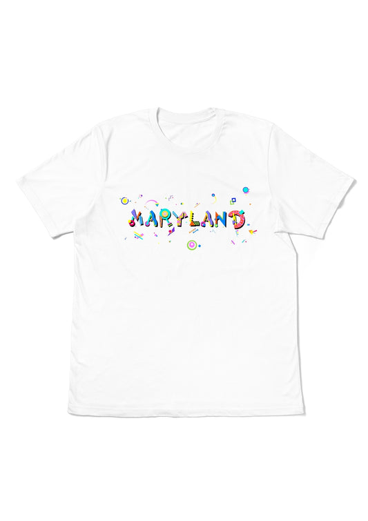 MARYLAND,  printed colorful Memphis font white flat tee