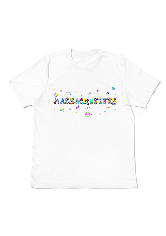 MASSACHUSETTS,  printed colorful Memphis font white flat tee