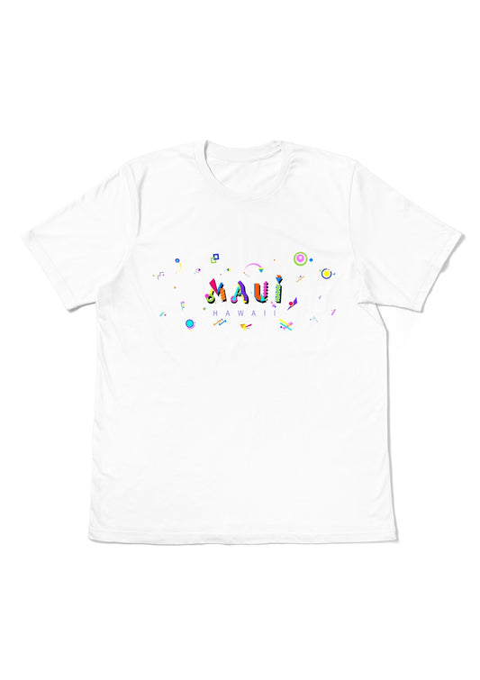 MAUI, HAWAII, printed colorful Memphis font white flat tee