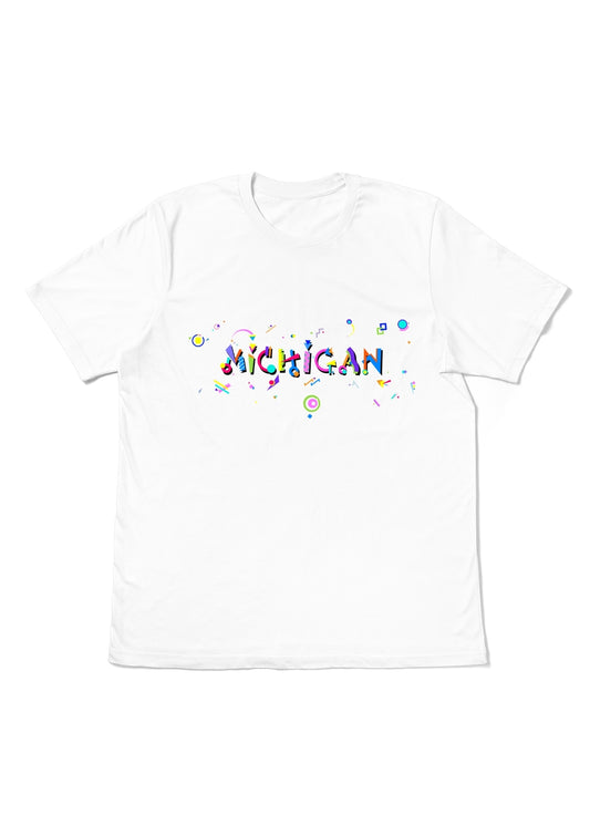 MICHIGAN,  printed colorful Memphis font white flat tee