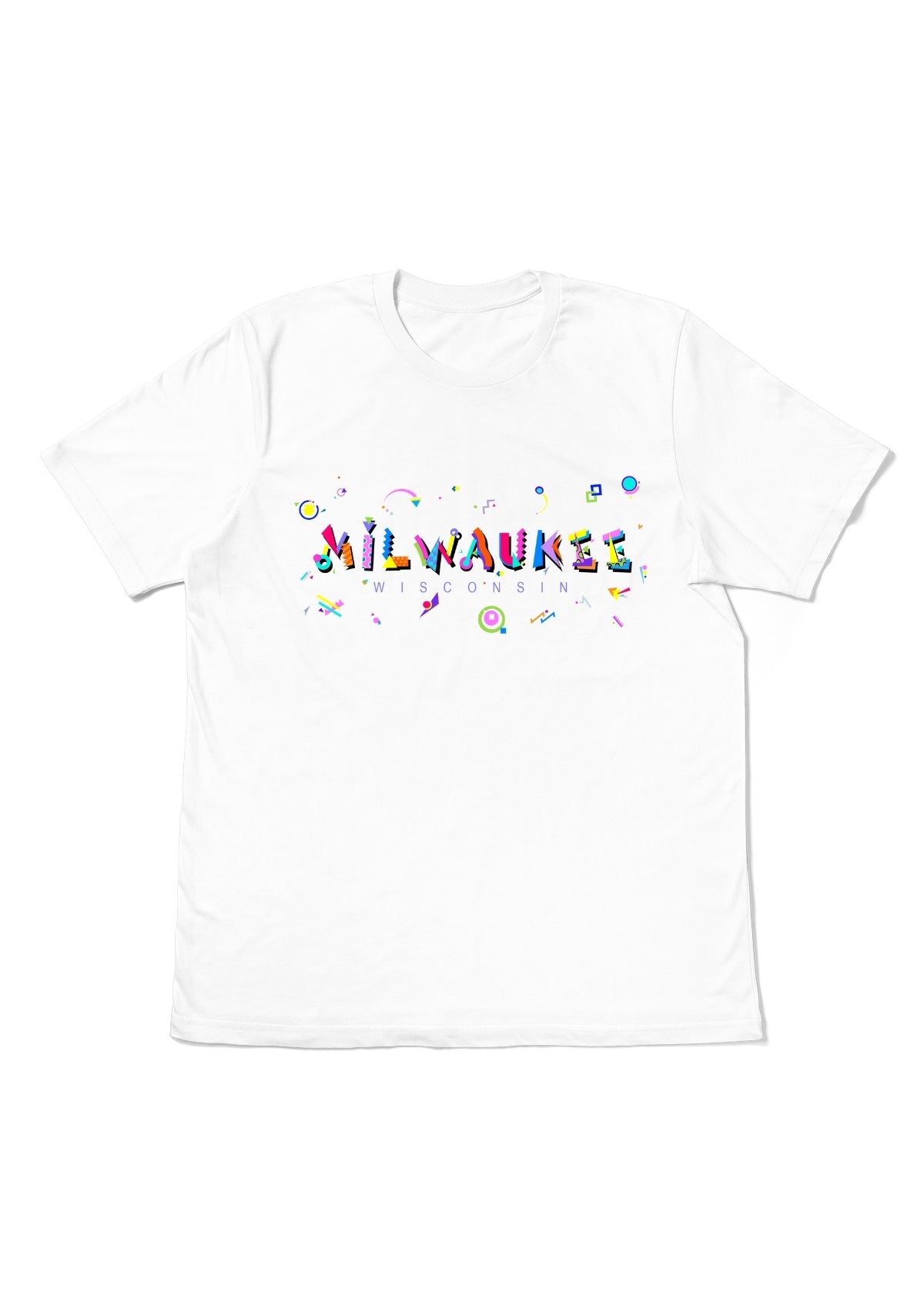 MILWAUKEE, WISCONSIN,  printed colorful Memphis font white flat tee