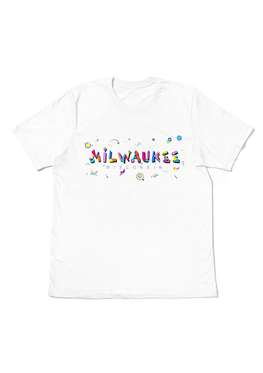 MILWAUKEE, WISCONSIN,  printed colorful Memphis font white flat tee