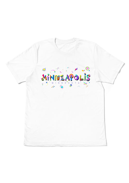 MINNEAPOLIS, MINNESOTA,  printed colorful Memphis font white flat tee