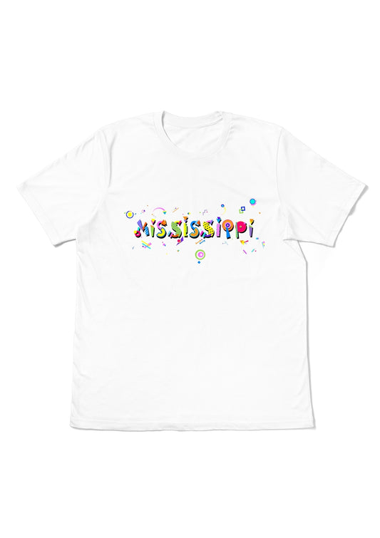 MISSISSIPPI, printed colorful Memphis font white flat tee