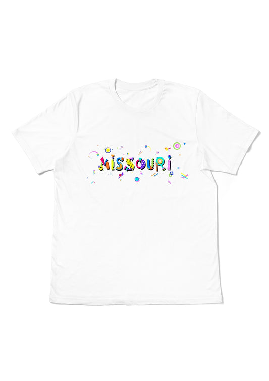 MISSOURI, printed colorful Memphis font white flat tee