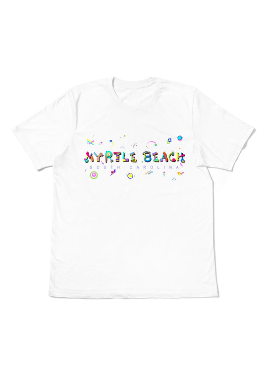 MYRTLE BEACH, SOUTH CAROLINA, printed colorful Memphis font white flat tee
