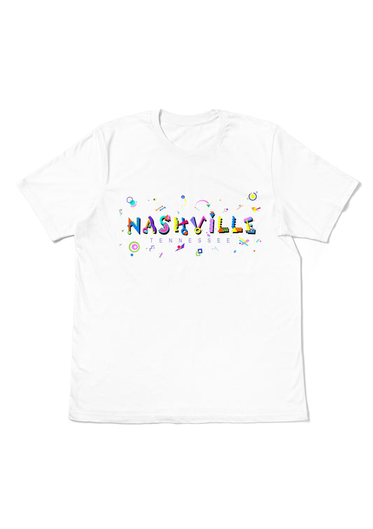 NASHVILLE, TENNESSEE, printed colorful Memphis font white flat tee