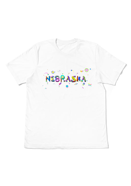 NEBRASKA, printed colorful Memphis font white flat tee