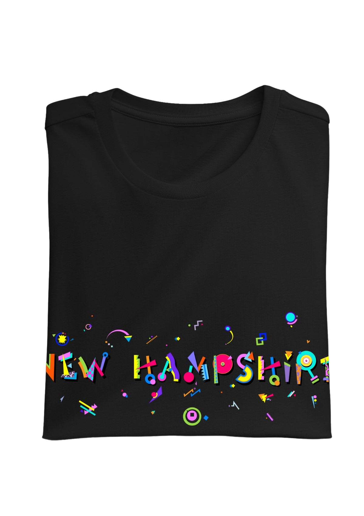 NEW HAMPSSHIRE,  printed colorful Memphis font black folded tee