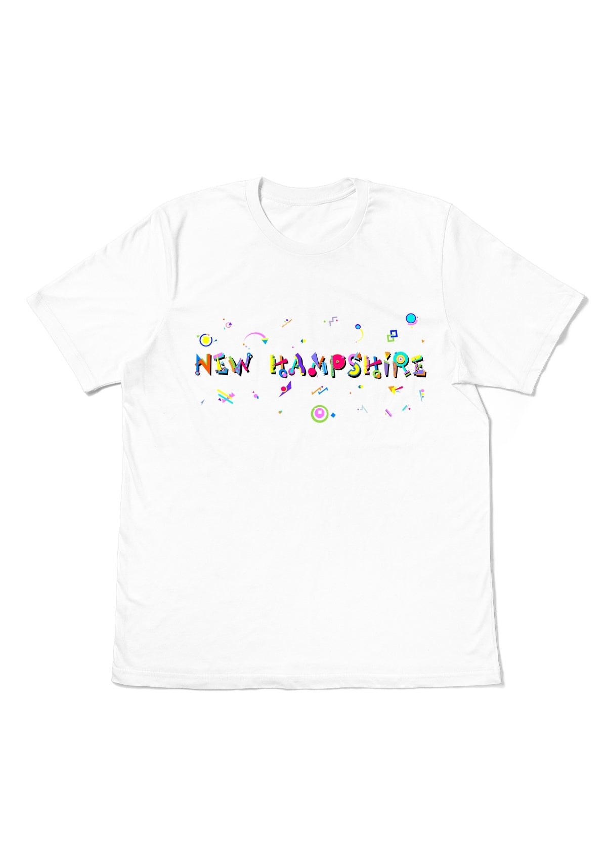 NEW HAMPSHIRE, printed colorful Memphis font white flat tee