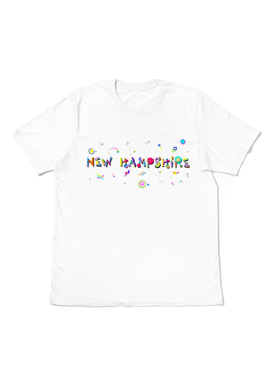 NEW HAMPSHIRE, printed colorful Memphis font white flat tee