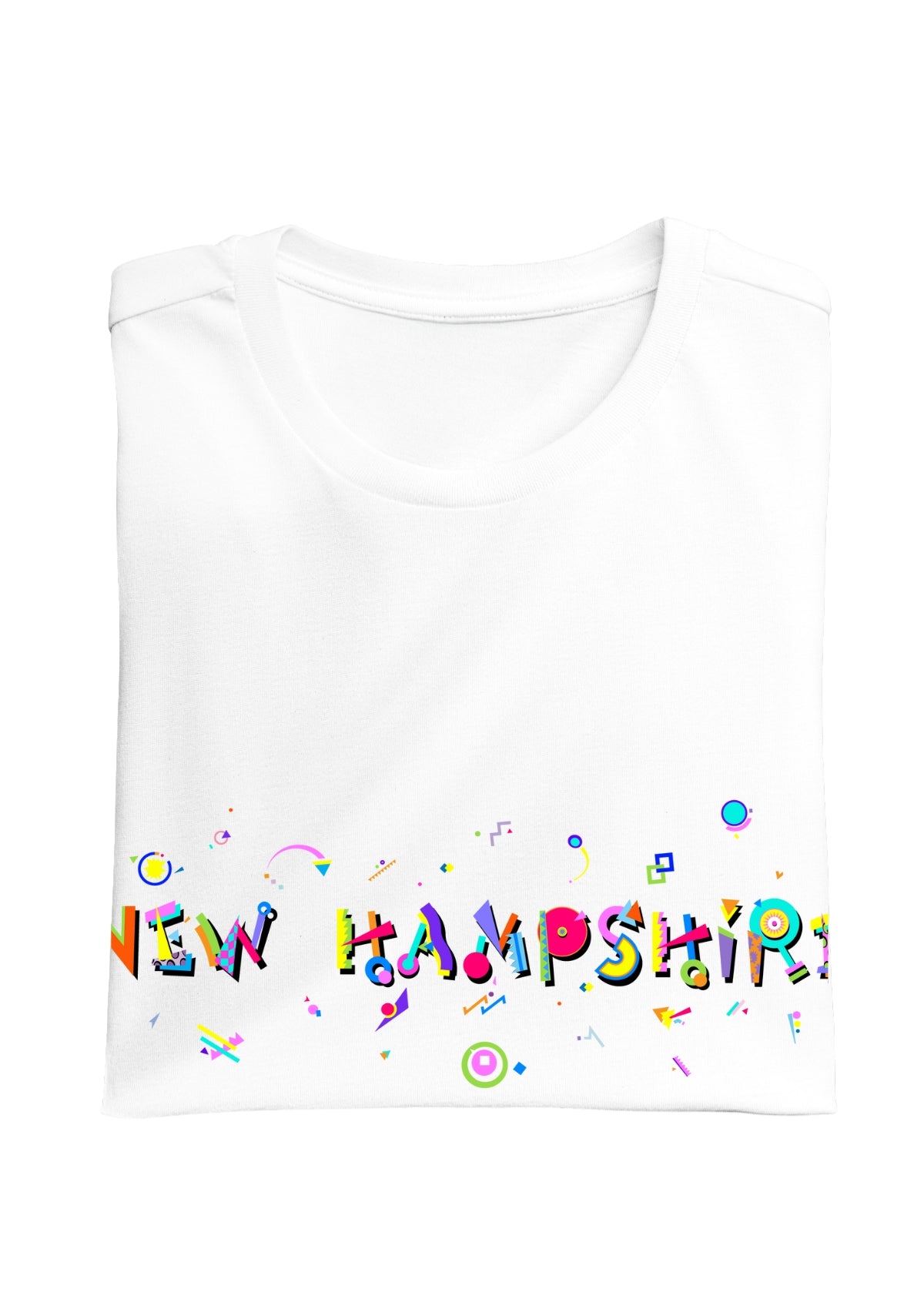 NEW HAMPSHIRE printed in colorful letters - Memphis style fonts - white-folded-tee