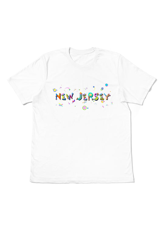 NEW JERSEY,  printed colorful Memphis font white flat tee