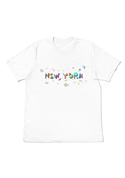 NEW YORK,  printed colorful Memphis font white flat tee