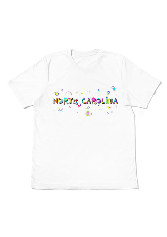 NORTH CAROLINA,  printed colorful Memphis font white flat tee