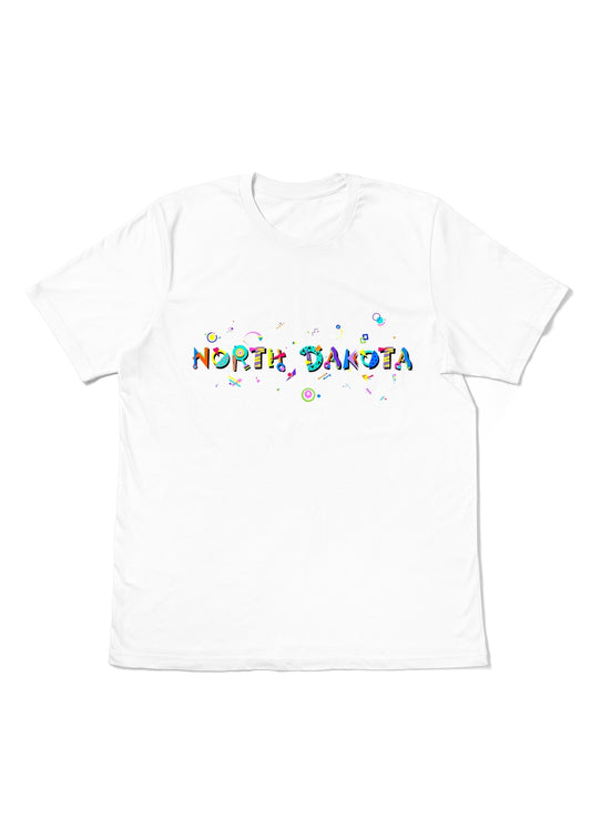 NORTH DAKOTA,  printed colorful Memphis font white flat tee