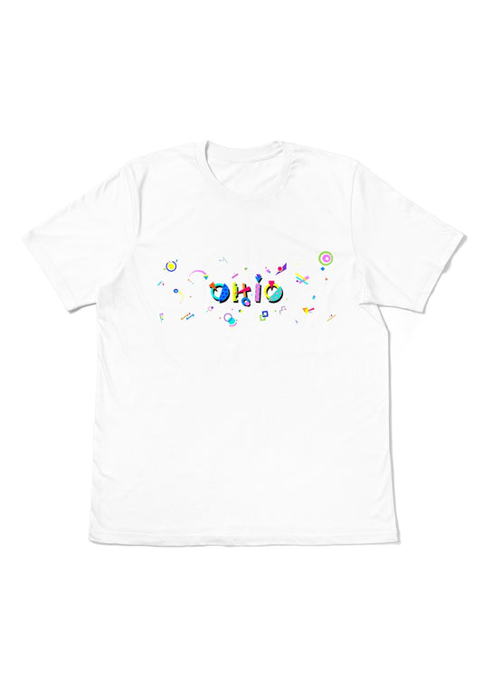 OHIO,  printed colorful Memphis font white flat tee