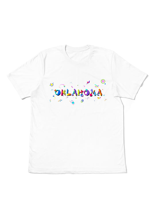 OKLAHOMA,  printed colorful Memphis font white flat tee