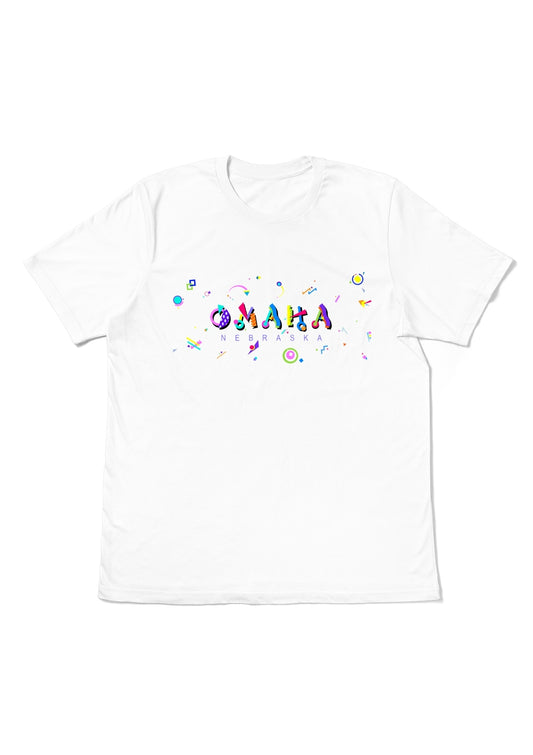 OMAHA, NEBRASKA, printed colorful Memphis font white flat tee