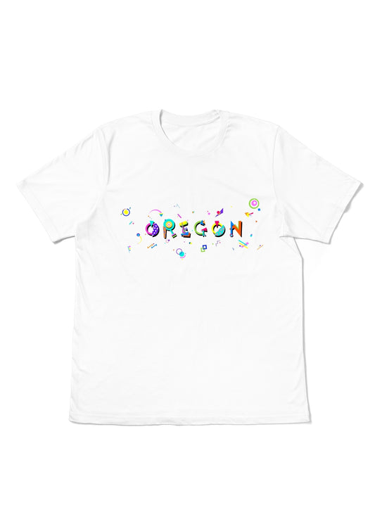 OREGON, printed colorful Memphis font white flat tee