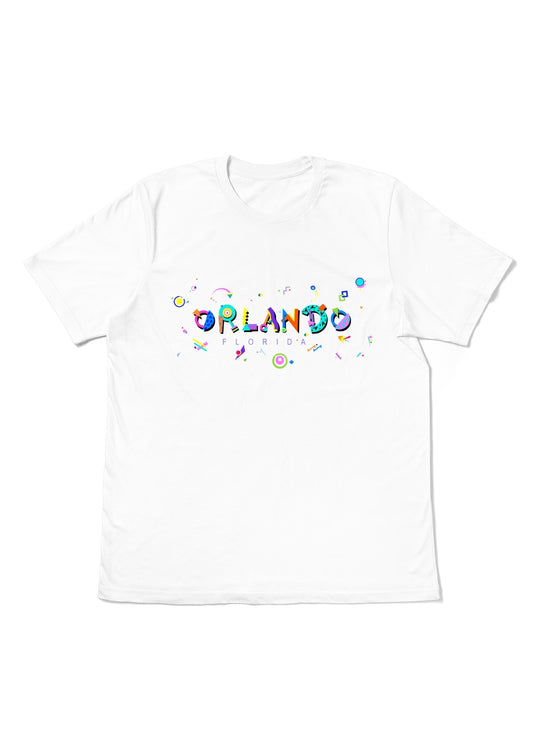 ORLANDO, FLORIDA, printed colorful Memphis font white flat tee