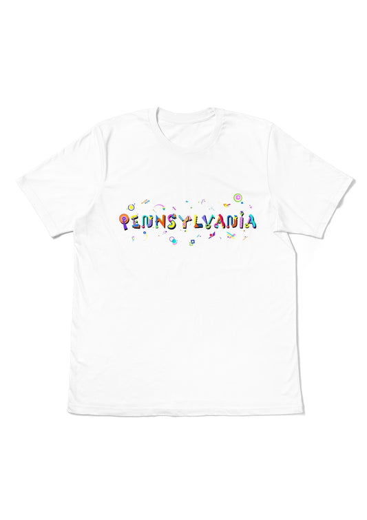PENNSYLVANIA, printed colorful Memphis font white flat tee