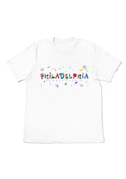 PHILADELPHIA, PENNSYLVANIA,  printed colorful Memphis font white flat tee