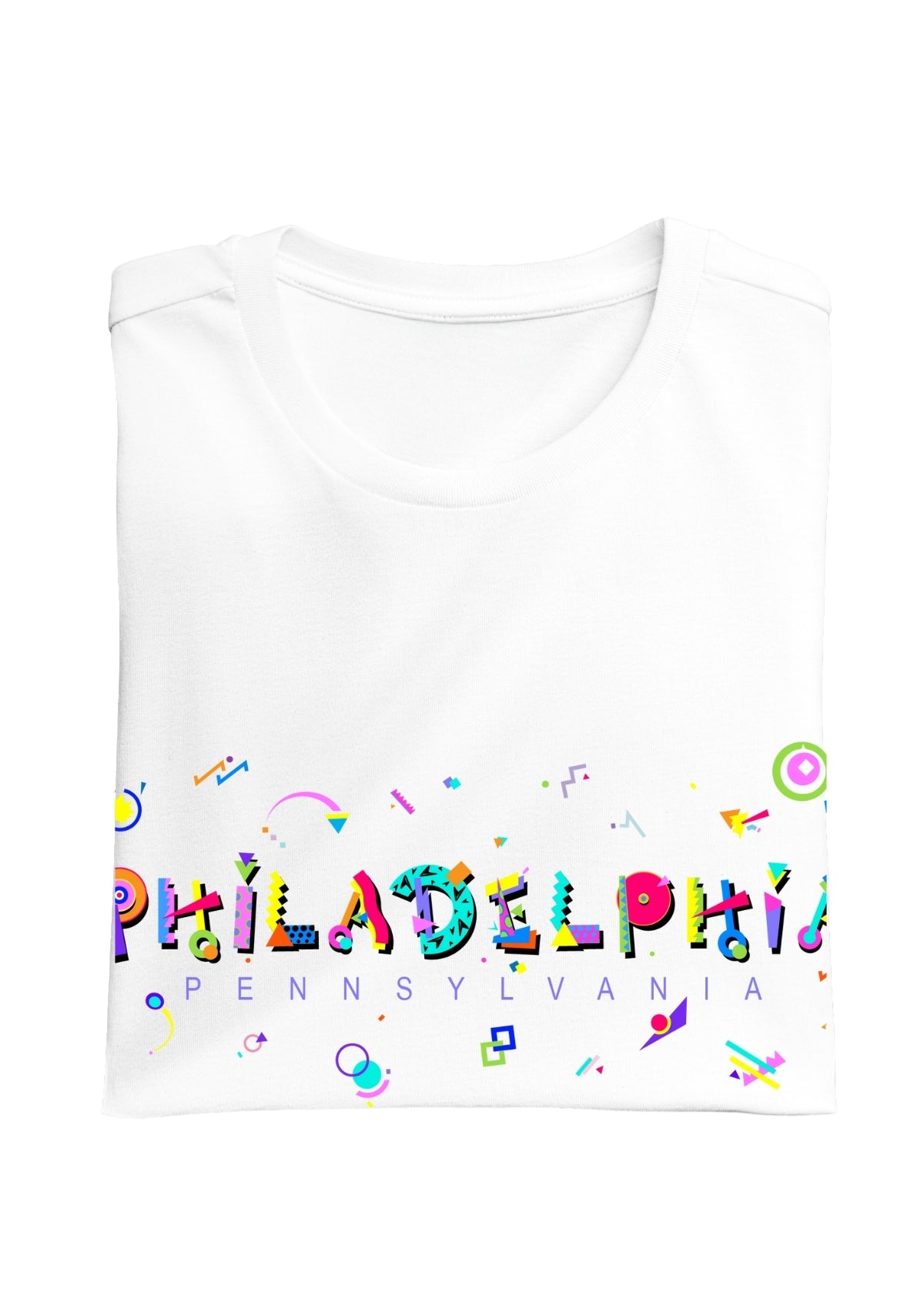 PHILADELPHIA, PENNSYLVANIA, colorful Memphis Style Font on white folded tee